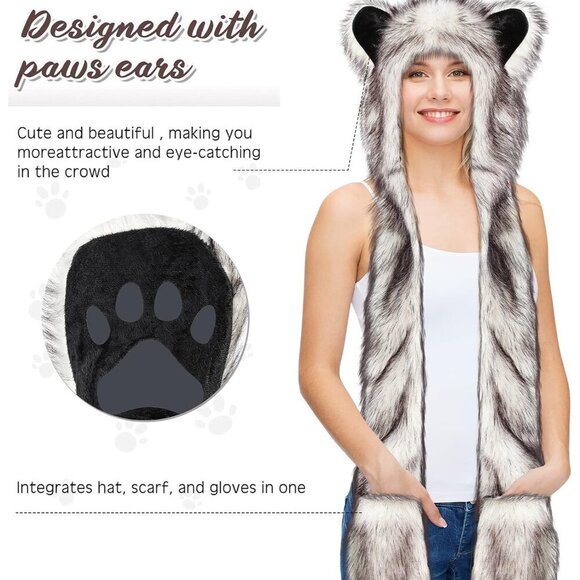 Faux Fur Wolf Hood Hat Scarf Mittens Winter Animal Accessories Unisex main image 5